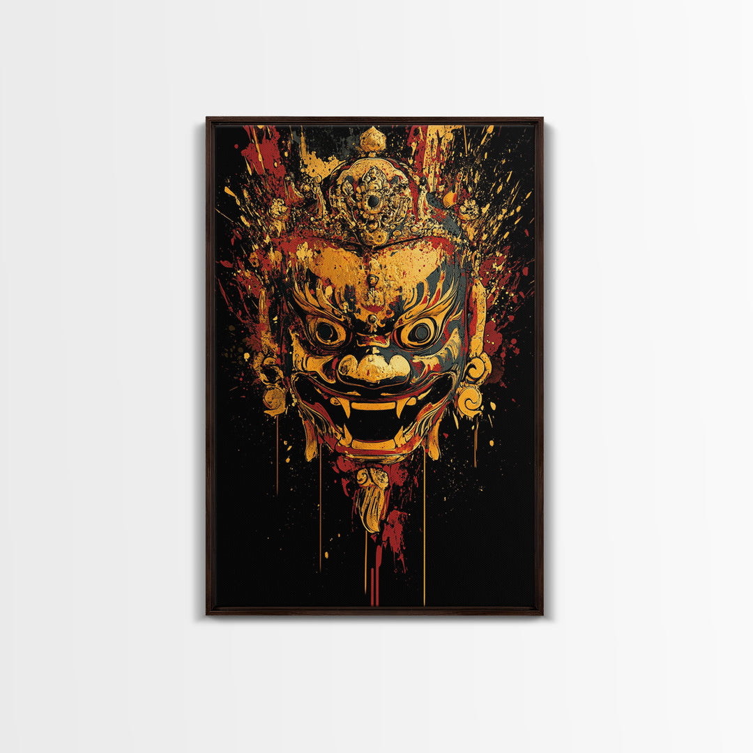 Fierce Mythic Mask Gold Canvas Print, Splatter Style Tribal Face Art, Bold Ancestral Artwork, Real Wood Frame Wall Hanging
