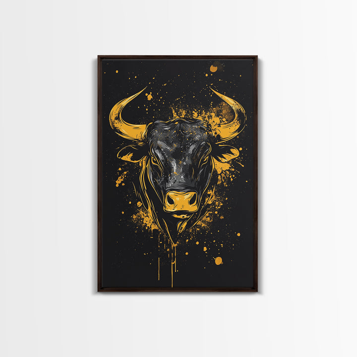 Powerful Bull Head Gold Canvas Print, Abstract Splatter Animal Art, Bold Strength Symbol Artwork, Real Wood Frame Wall Decor