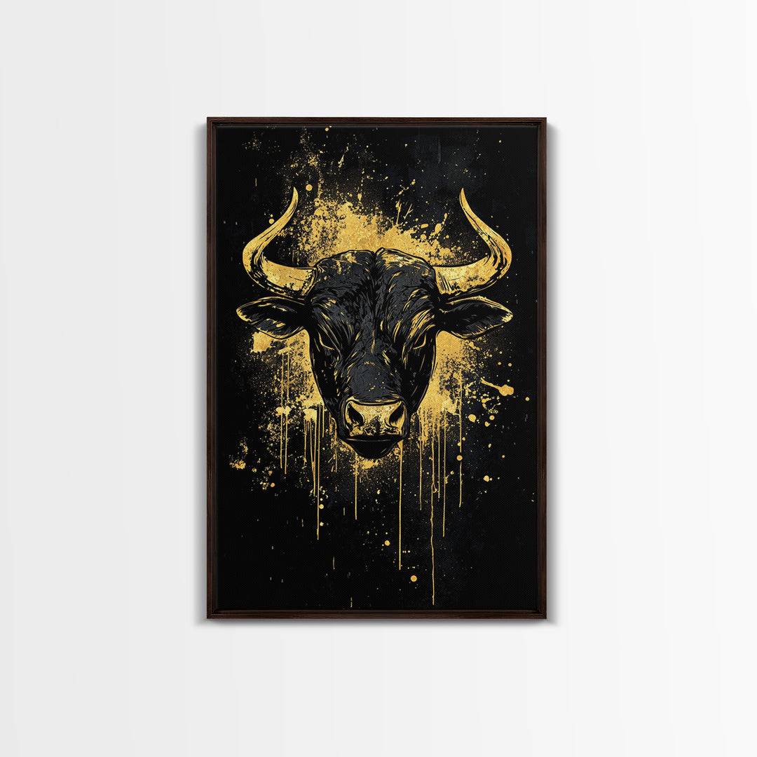 Majestic Bull Portrait Gold Canvas Print, Tribal Splatter Animal Artwork, Strong Symbolic Wall Art, Real Wood Frame Decor