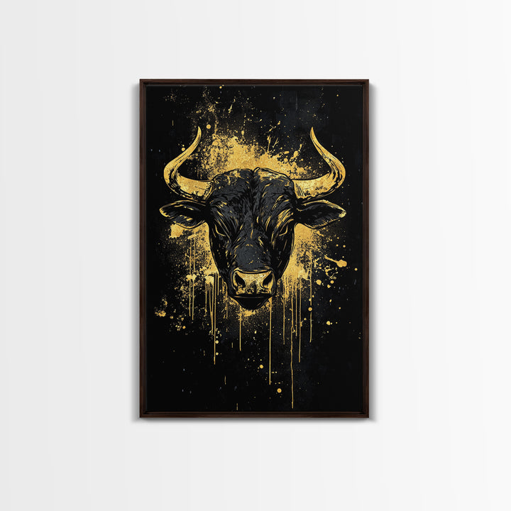 Majestic Bull Portrait Gold Canvas Print, Tribal Splatter Animal Artwork, Strong Symbolic Wall Art, Real Wood Frame Decor