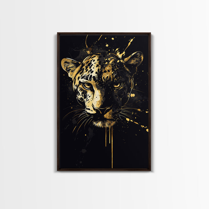 Wild Leopard Face Gold Canvas Print, Bold Animal Portrait Art, Tribal Splatter Style Wall Artwork, Real Wood Frame Home Decor