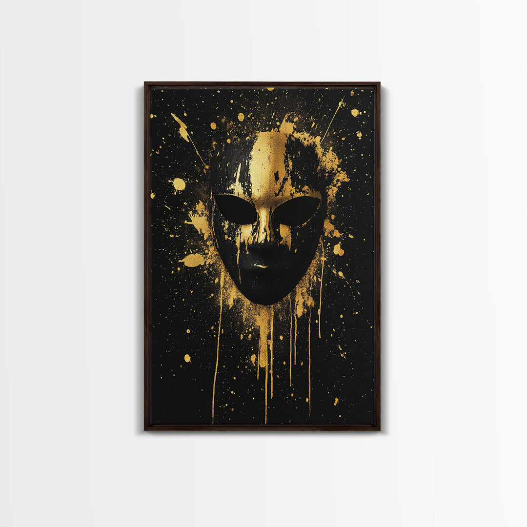 Abstract Splatter Mask Gold Canvas Print, Bold Modern Face Art, Tribal Inspired Wall Decor, Real Wood Frame