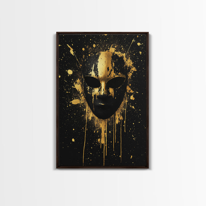 Abstract Splatter Mask Gold Canvas Print, Bold Modern Face Art, Tribal Inspired Wall Decor, Real Wood Frame