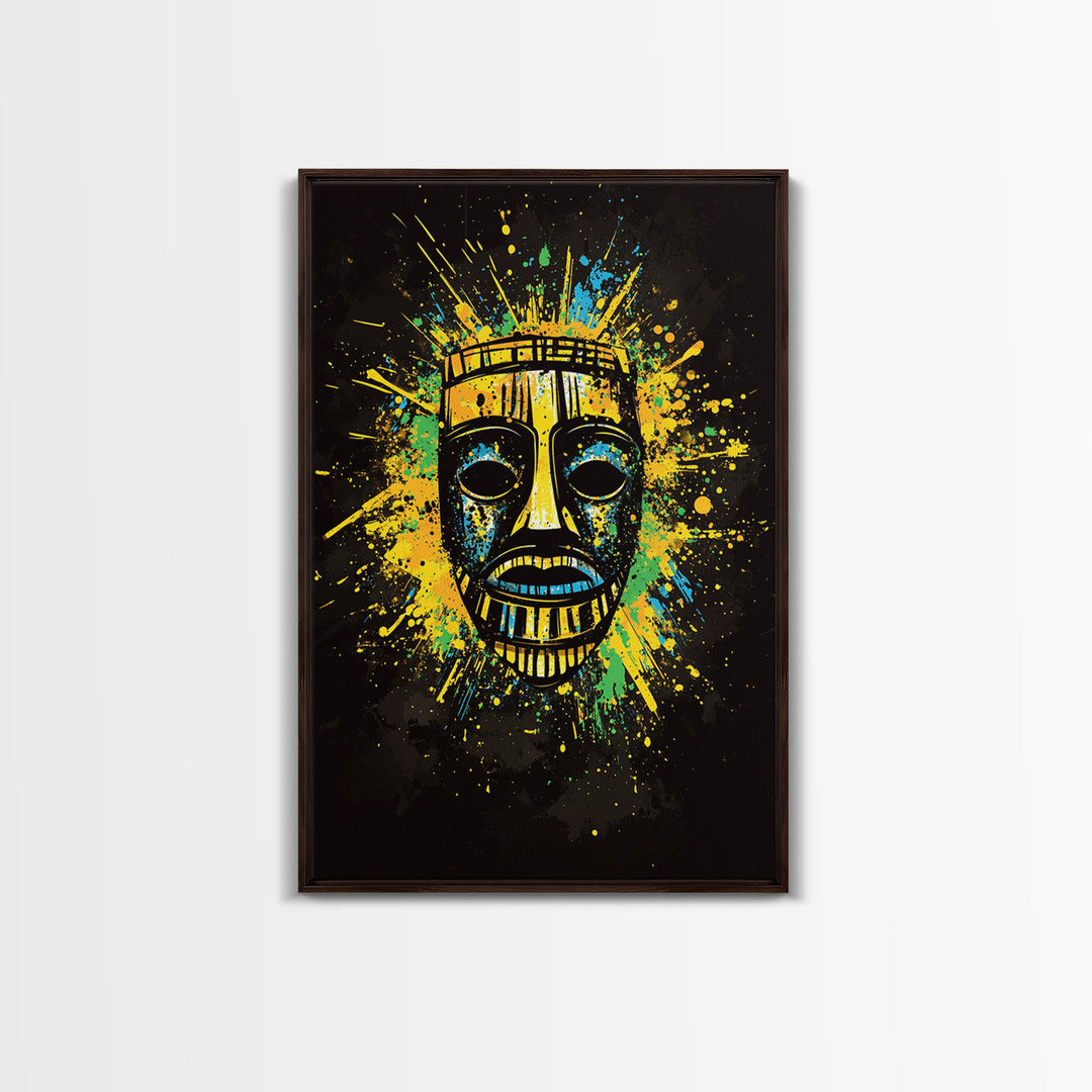 Vibrant Tribal Mask Gold Canvas Art, Ethnic Splatter Style Face Print, Colorful Abstract Wall Decor, Real Wood Frame