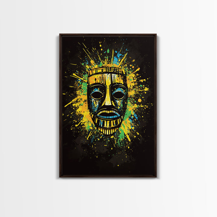 Vibrant Tribal Mask Gold Canvas Art, Ethnic Splatter Style Face Print, Colorful Abstract Wall Decor, Real Wood Frame