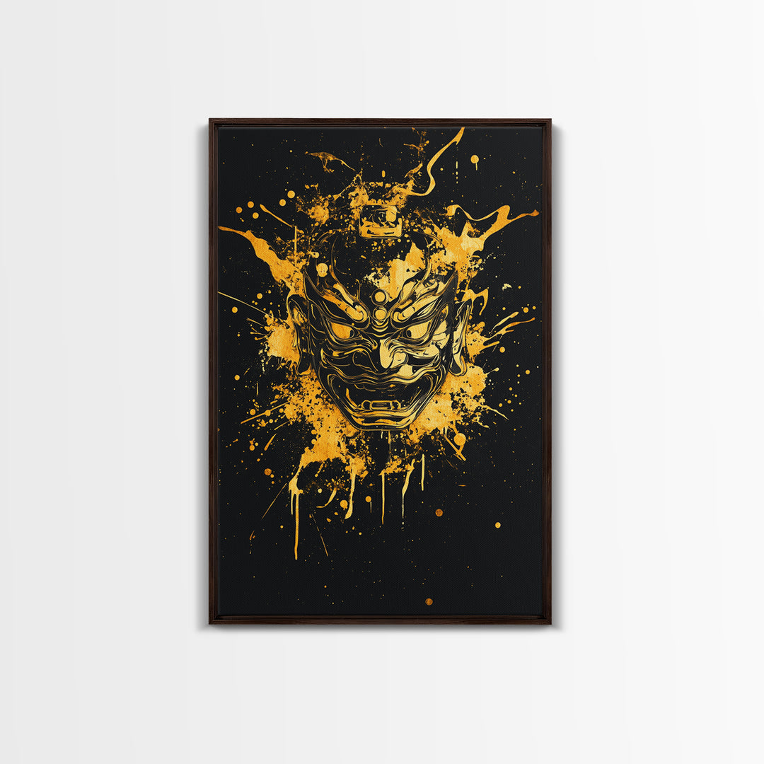 Oni Demon Mask Gold Canvas Print, Japanese Mythology Inspired Art, Splatter Style Wall Decor, Real Wood Frame