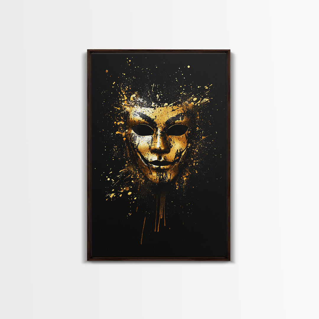 Abstract Painted Mask Gold Canvas Print, Modern Face Art, Bold Splatter Style Wall Decoration, Real Wood Frame