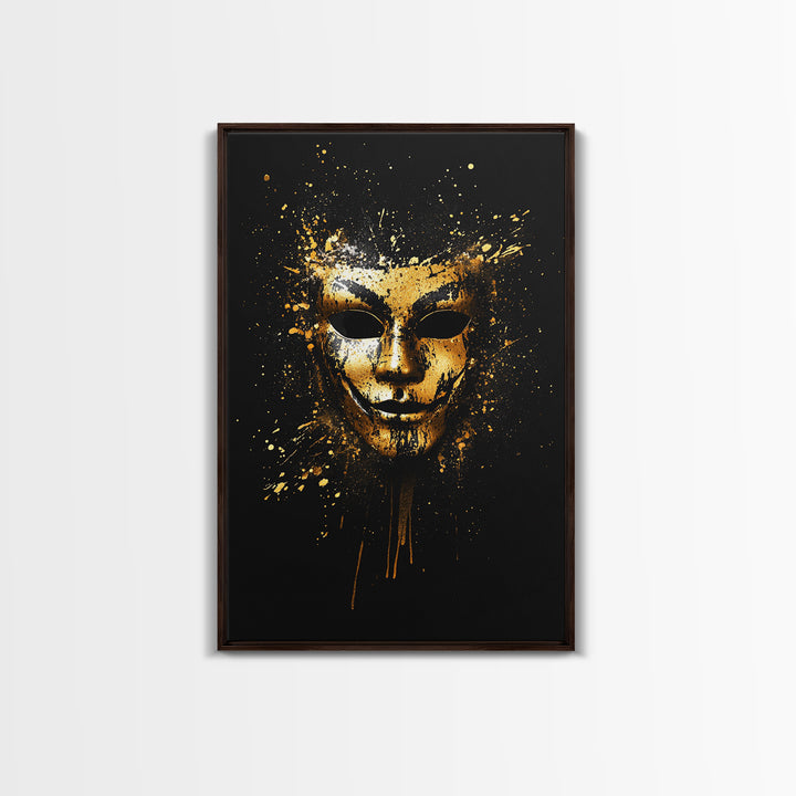Abstract Painted Mask Gold Canvas Print, Modern Face Art, Bold Splatter Style Wall Decoration, Real Wood Frame