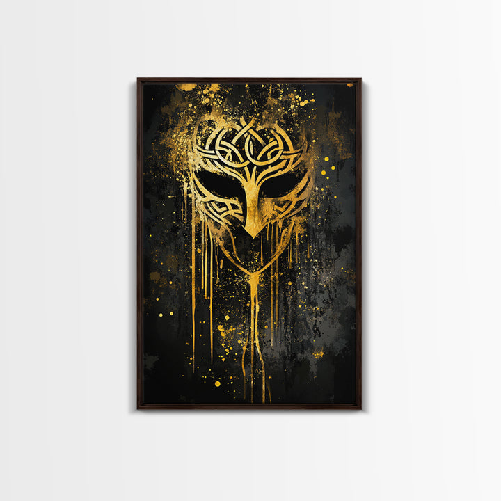 Celtic Knot Mask Gold Canvas Art, Intricate Tribal Inspired Design, Abstract Splatter Wall Decor, Real Wood Frame