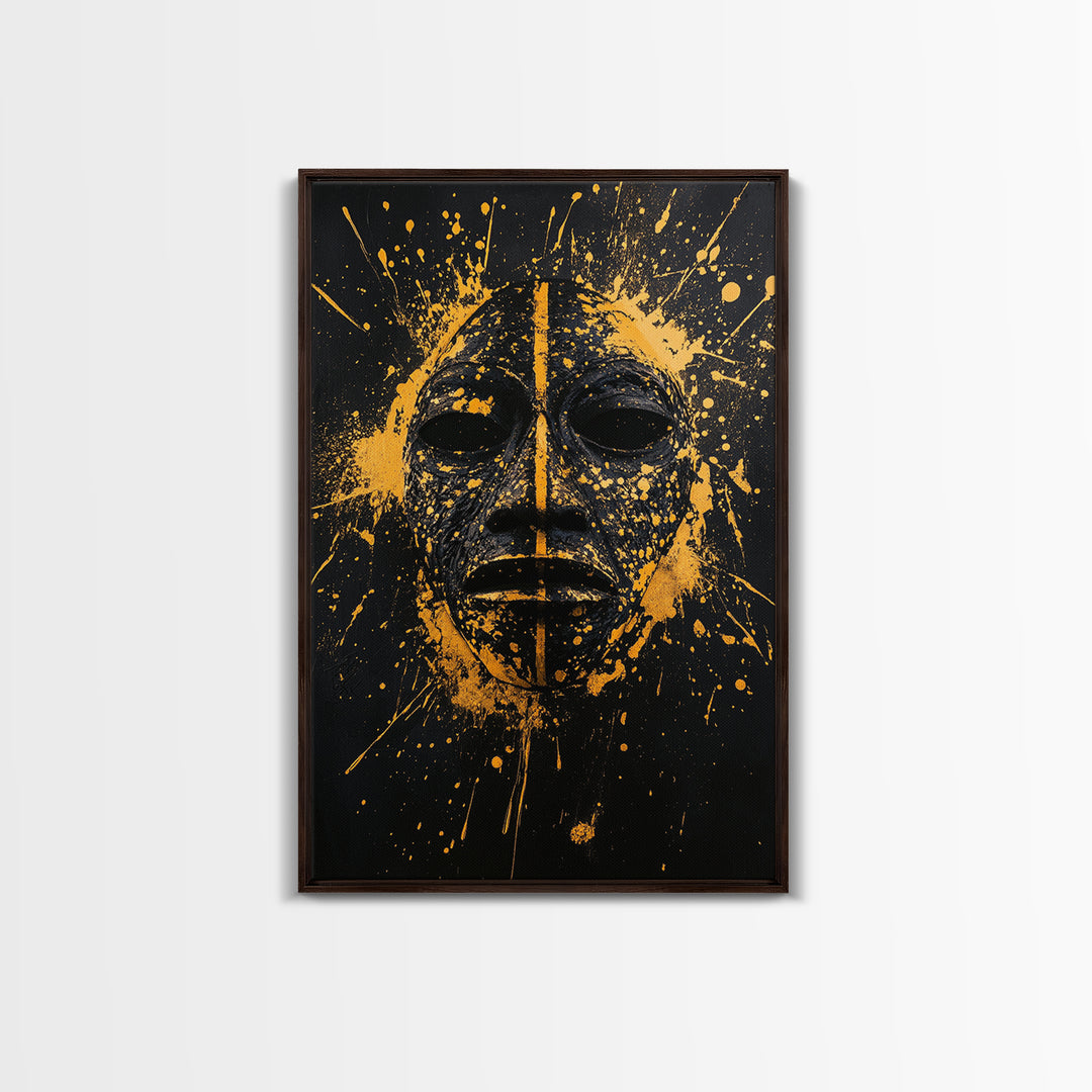 African Tribal Mask Gold Canvas Print, Bold Face Art, Splatter Style Ethnic Wall Decoration, Real Wood Frame