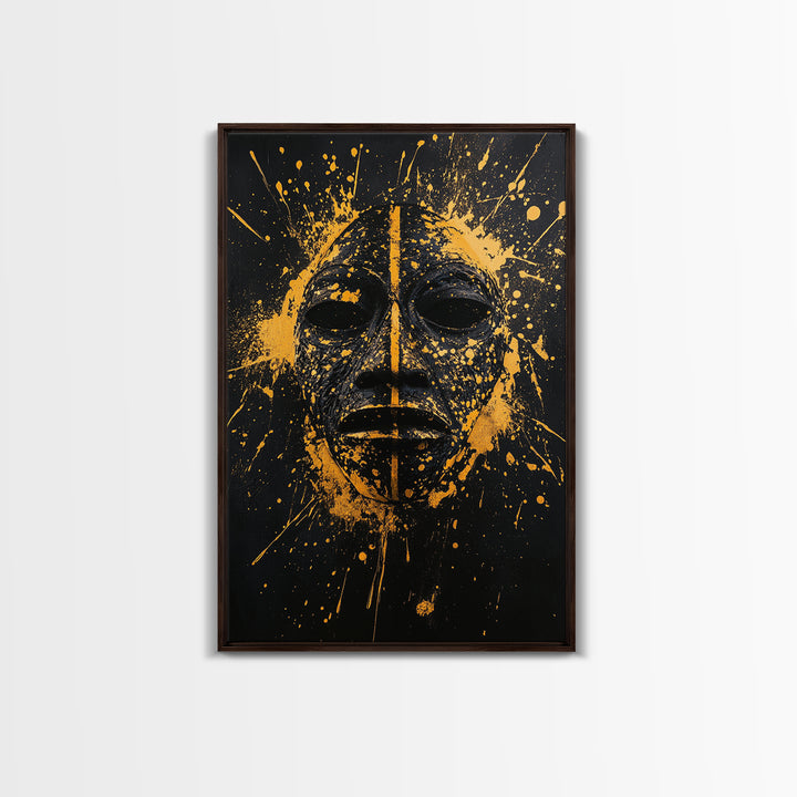 African Tribal Mask Gold Canvas Print, Bold Face Art, Splatter Style Ethnic Wall Decoration, Real Wood Frame