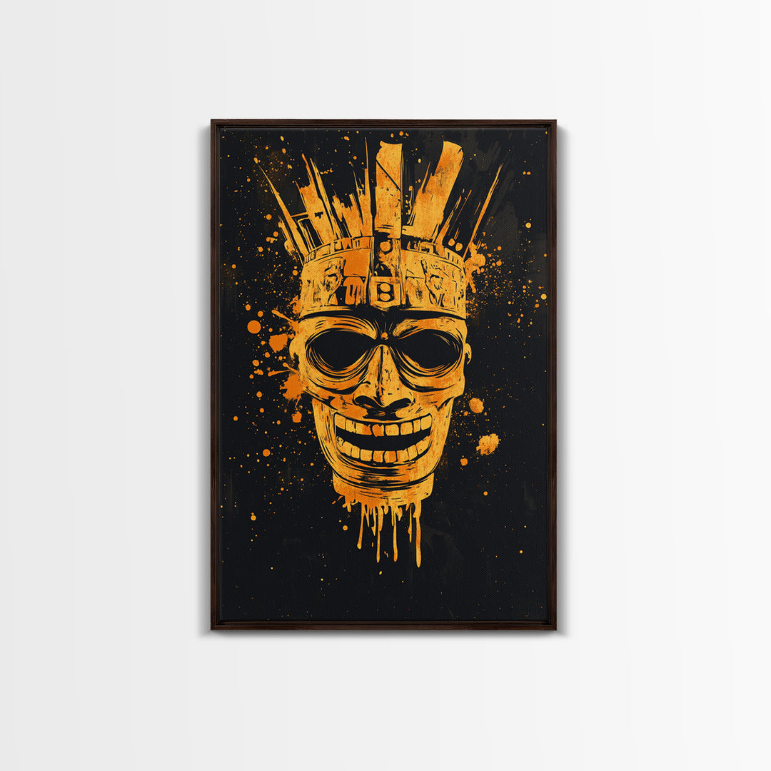 Ancient Warrior Mask Gold Canvas Print, Tribal Armor Inspired Face Art, Bold Splatter Wall Decor, Real Wood Frame