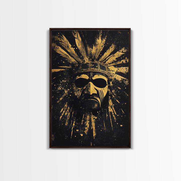 Aztec Sun Mask Gold Canvas Print, Tribal Inspired Ancient Face Art, Splatter Style Wall Decor, Real Wood Frame