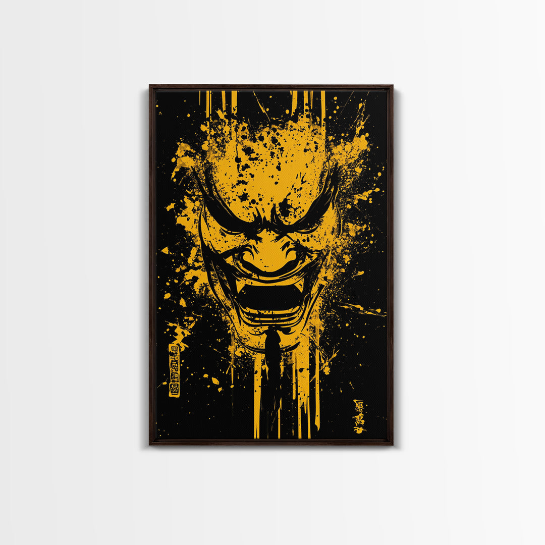 Mythic Dragon Mask Gold Canvas Print, Asian Inspired Splatter Style Art, Fierce Wall Decoration, Real Wood Frame
