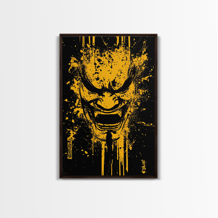 Mythic Dragon Mask Gold Canvas Print, Asian Inspired Splatter Style Art, Fierce Wall Decoration, Real Wood Frame