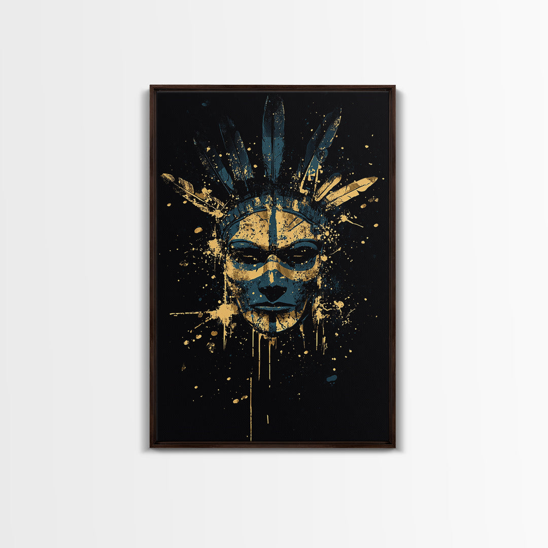 Tribal Feather Mask Gold Canvas Print, Abstract Splatter Mask Wall Art, Real Wood Frame, Modern Ethnic Home Decor