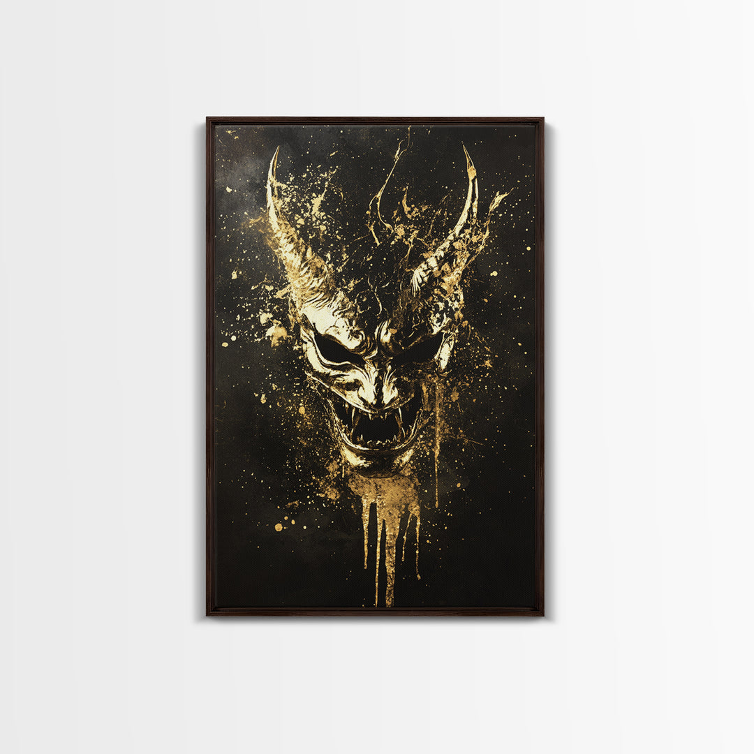 Oni Demon Mask Gold Canvas Print, Japanese Mythology Wall Art, Real Wood Frame, Bold Samurai Mask Artwork