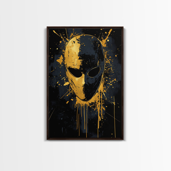 Minimalist Mask Gold Canvas Print, Abstract Splatter Face Wall Art, Real Wood Frame, Contemporary Mask Decor