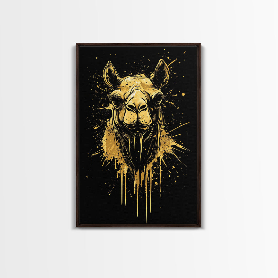 Camel Portrait Gold Canvas Print, Animal Splatter Wall Art, Real Wood Frame, Modern Wildlife Artwork For Home