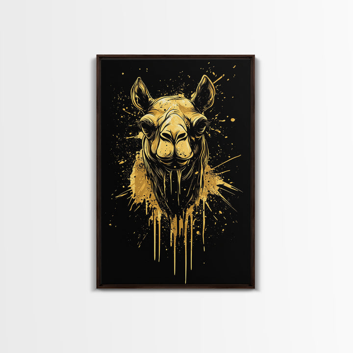 Camel Portrait Gold Canvas Print, Animal Splatter Wall Art, Real Wood Frame, Modern Wildlife Artwork For Home