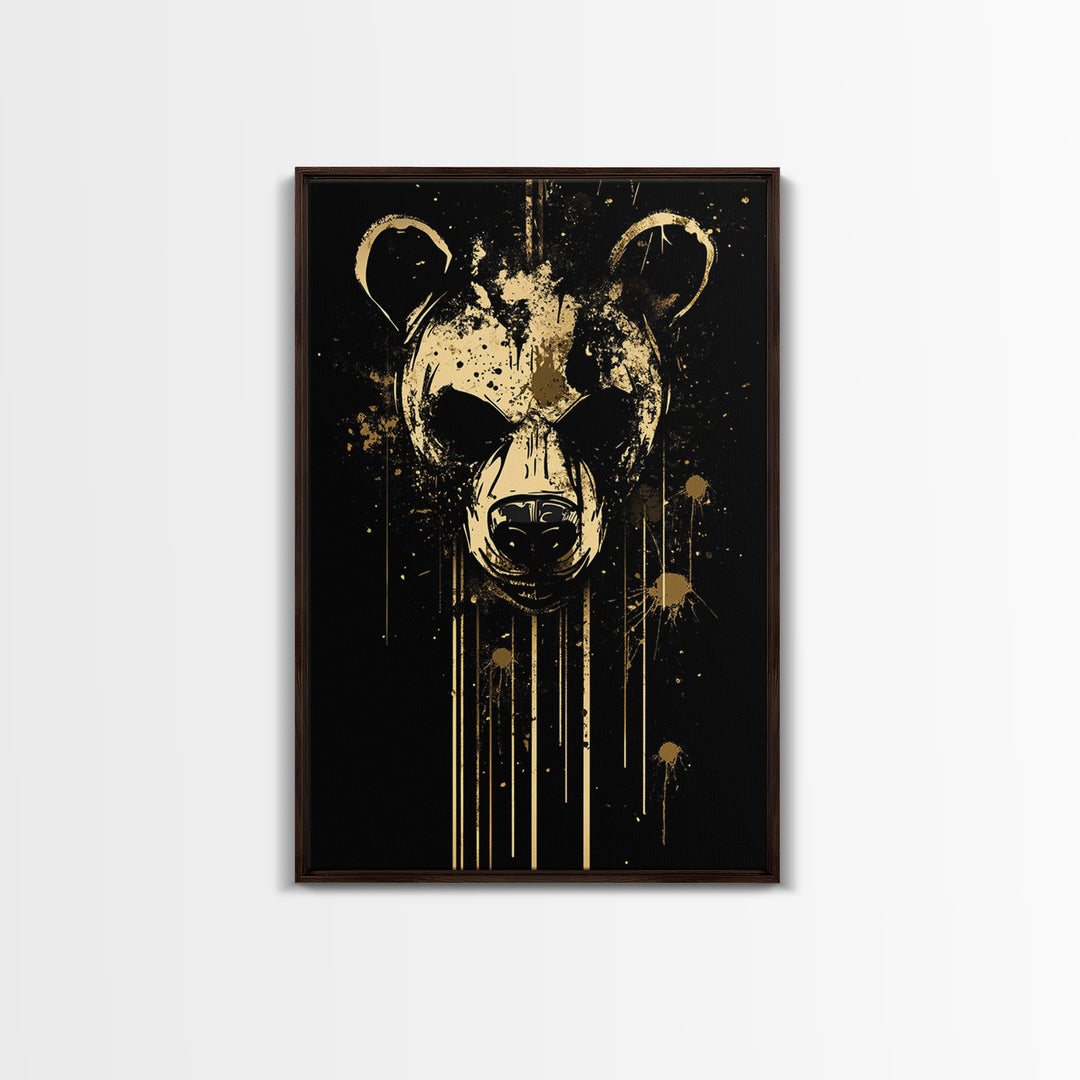 Bear Face Gold Canvas Print, Animal Splatter Wall Art, Real Wood Frame, Fierce Wildlife Artwork For Modern Decor
