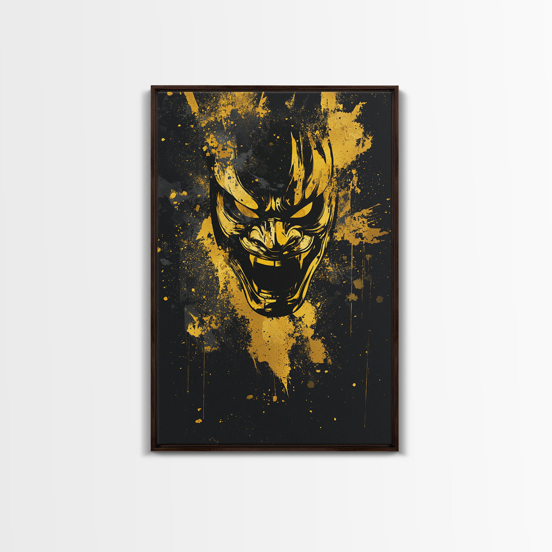 Samurai Mask Gold Canvas Print, Japanese Warrior Wall Art, Real Wood Frame, Bold Splatter Mask Artwork For Home