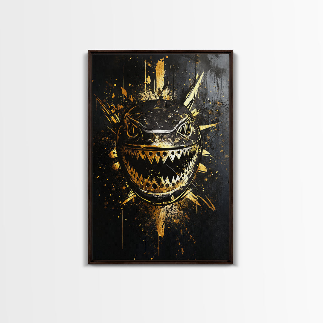 Shark Splatter Gold Canvas Print, Abstract Ocean Predator Wall Art, Real Wood Frame, Bold Modern Sea Life Artwork