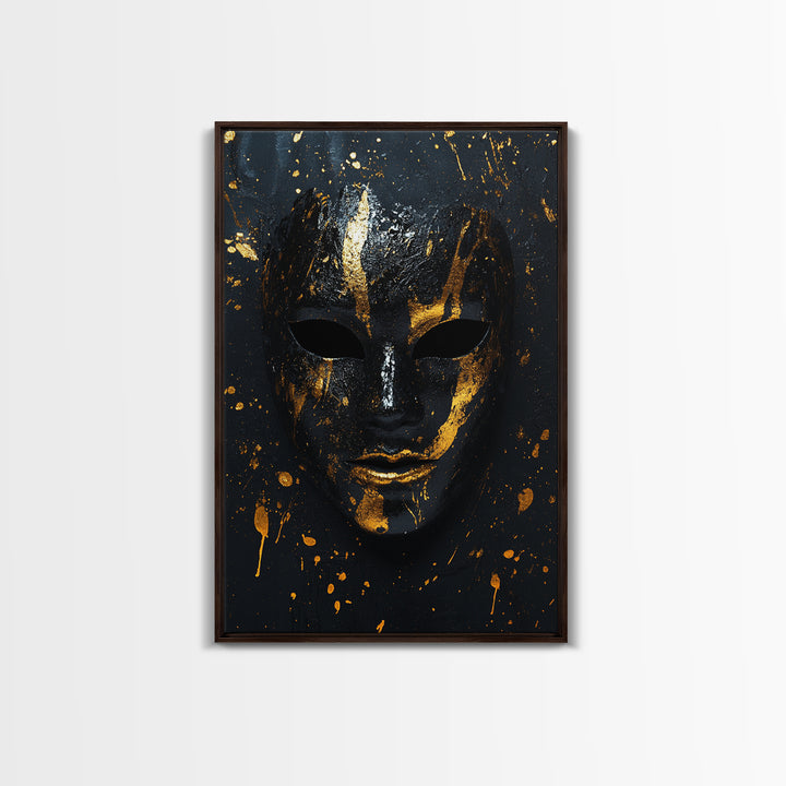 Abstract Mask Gold Canvas Print, Contemporary Splatter Face Wall Art, Real Wood Frame, Modern Tribal Mask Decor