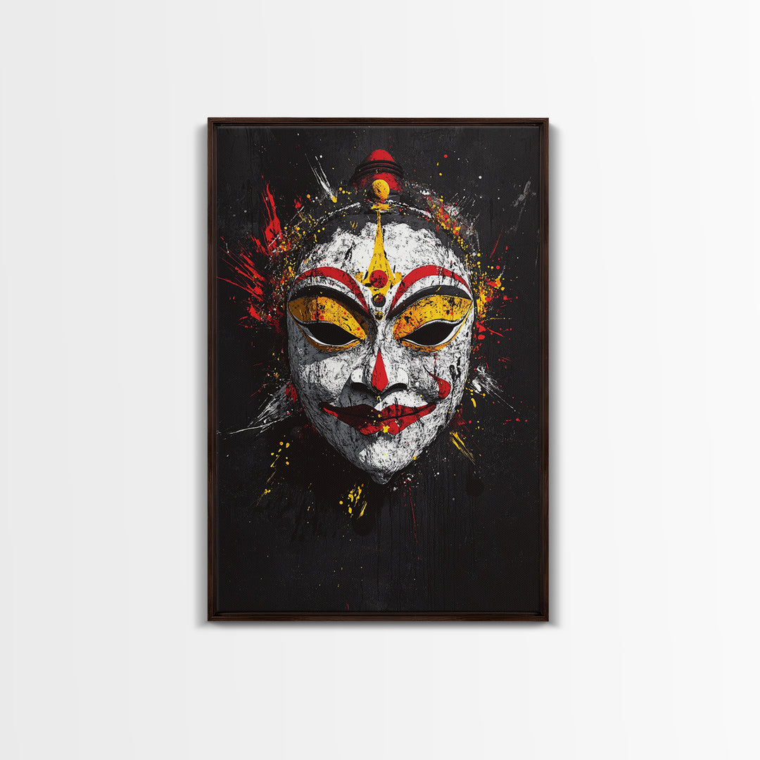 Tribal Feather Mask Gold Canvas Print, Splatter Art Decor, Ethnic Wall Art, Real Wood Frame, Cultural Modern Artwork