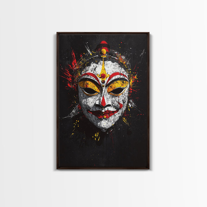 Tribal Feather Mask Gold Canvas Print, Splatter Art Decor, Ethnic Wall Art, Real Wood Frame, Cultural Modern Artwork