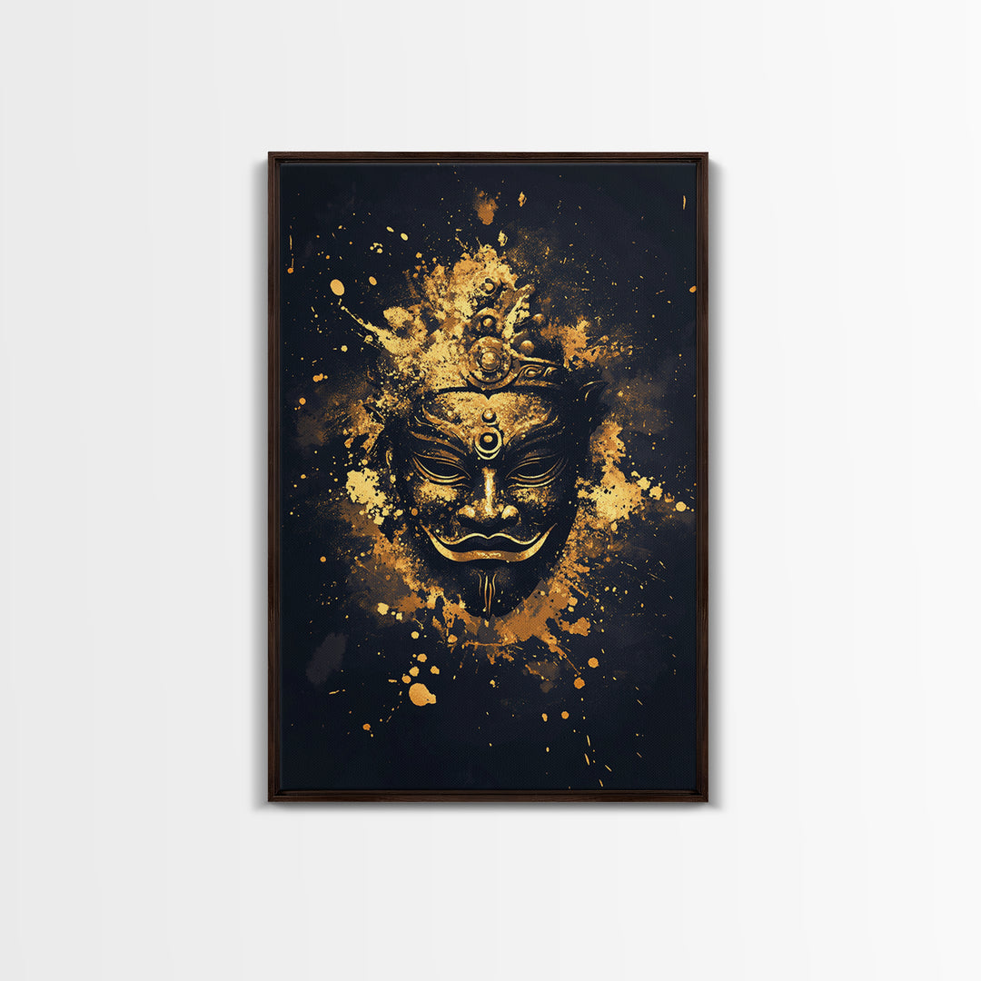 Ancient Mask Gold Canvas Print, Mystical Splatter Wall Art, Real Wood Frame, Bold Spiritual Mask Artwork For Home