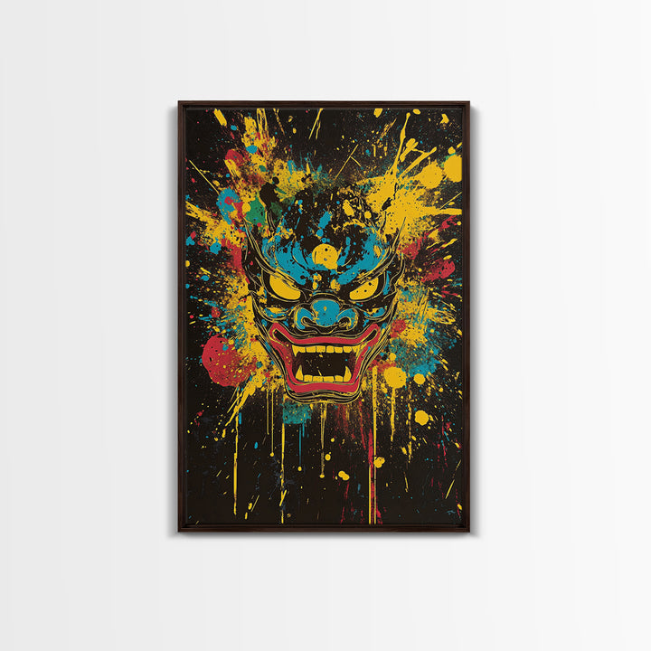 Demonic Horn Mask Gold Canvas Print, Gothic Wall Art, Dark Splatter Painting, Real Wood Frame, Bold Statement Decor