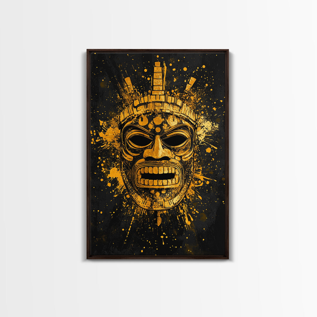 Abstract Alien Mask Gold Canvas Print, Futuristic Splatter Art, Minimalist Wall Art, Real Wood Frame, Modern Home Decor