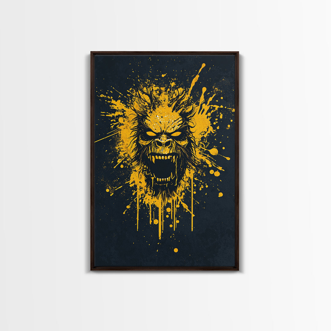 Bear Face Gold Canvas Print, Animal Splatter Art, Fierce Wildlife Wall Decor, Real Wood Frame, Modern Bold Statement Art