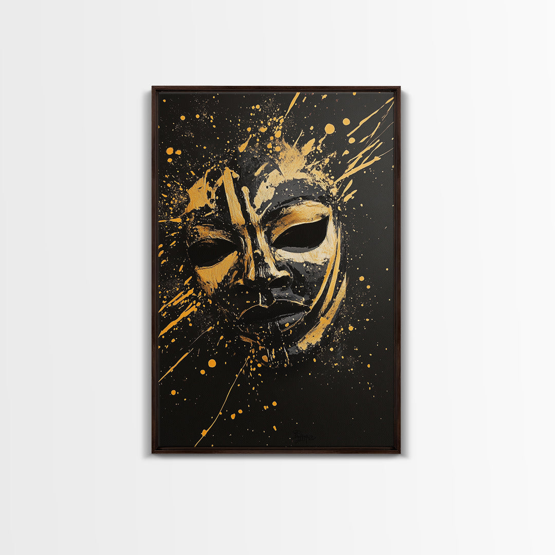Samurai Oni Mask Gold Canvas Print, Japanese Splatter Artwork, Warrior Wall Art, Real Wood Frame, Bold Cultural Decor