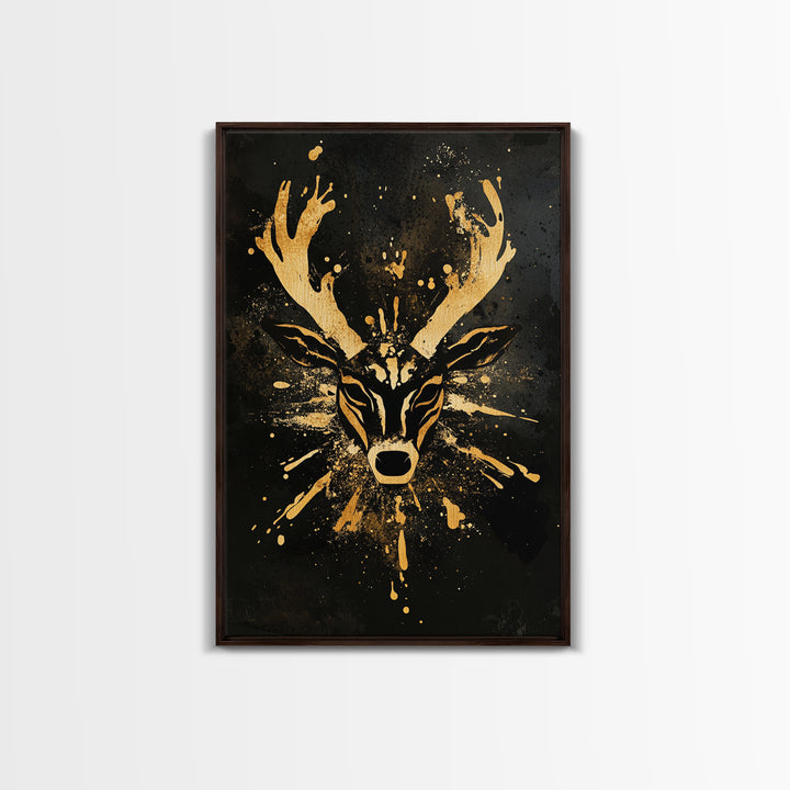Textured Tribal Mask Gold Canvas Print, Splatter Art Design, Abstract Cultural Wall Art, Real Wood Frame, Bold Decor Piece