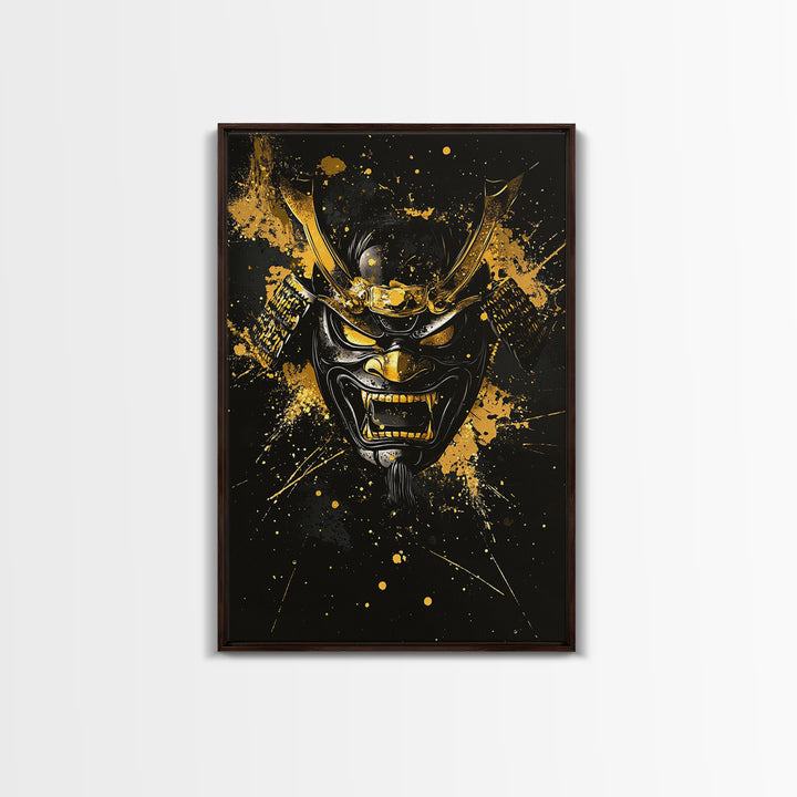 Vampire Mask Gold Canvas Print, Gothic Splatter Wall Art, Horror Decor, Real Wood Frame, Dark Artistic Statement Artwork