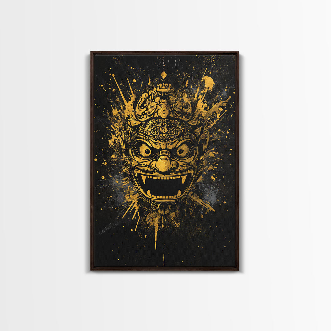 Balinese Barong Mask Gold Canvas Print, Tribal Wall Art, Mythical Creature Artwork, Real Wood Frame, Unique Home Decor