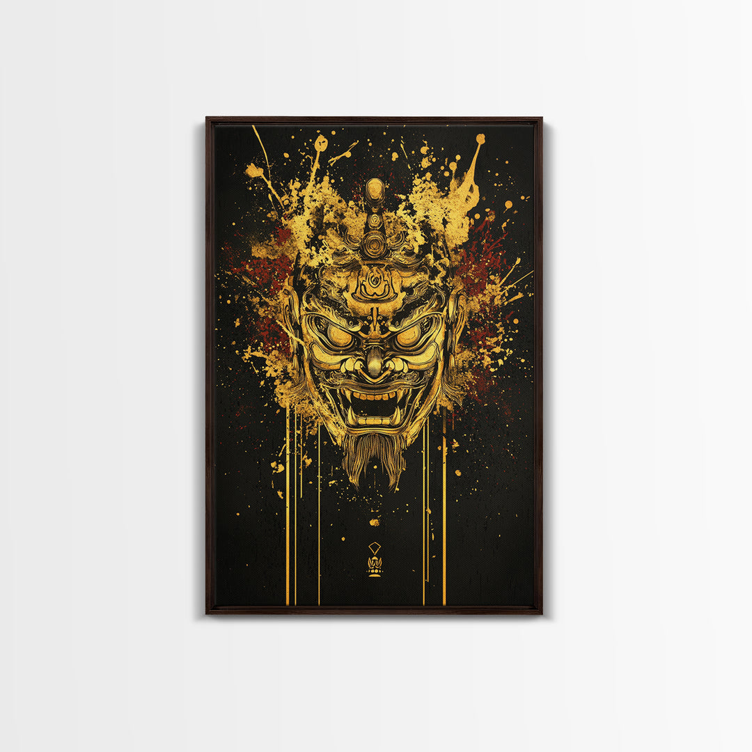 Tibetan Demon Mask Gold Canvas Print, Spiritual Wall Art, Fierce Mythical Face Art, Real Wood Frame, Bold Statement Decor