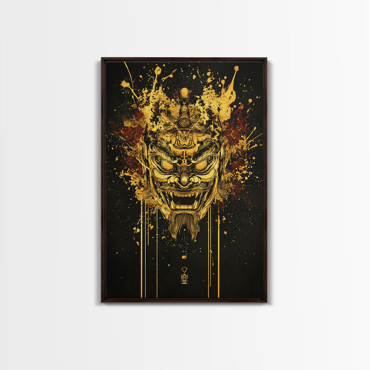 Tibetan Demon Mask Gold Canvas Print, Spiritual Wall Art, Fierce Mythical Face Art, Real Wood Frame, Bold Statement Decor