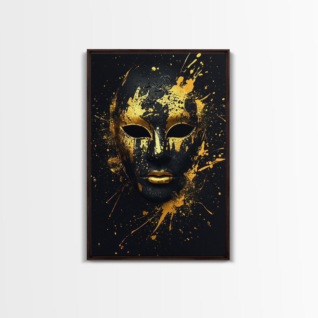 Venetian Mask Gold Canvas Print, Elegant Wall Art, Luxury Mask Artwork, Real Wood Frame, Dramatic Splatter Effect Home Decor