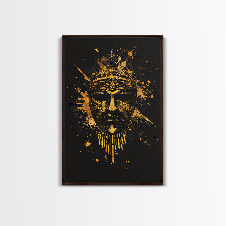 Ancient Warrior Mask Gold Canvas Print, Historical Wall Art, Tribal Battle Mask Artwork, Real Wood Frame, Striking Home Accent