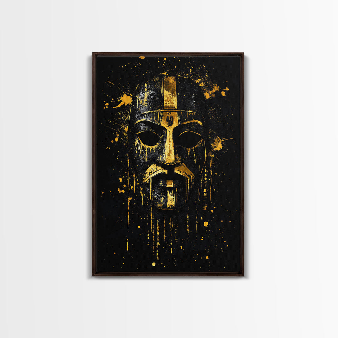 Medieval Mask Gold Canvas Print, Warrior Face Wall Art, Historic Armor Artwork, Real Wood Frame, Bold Statement Home Decor