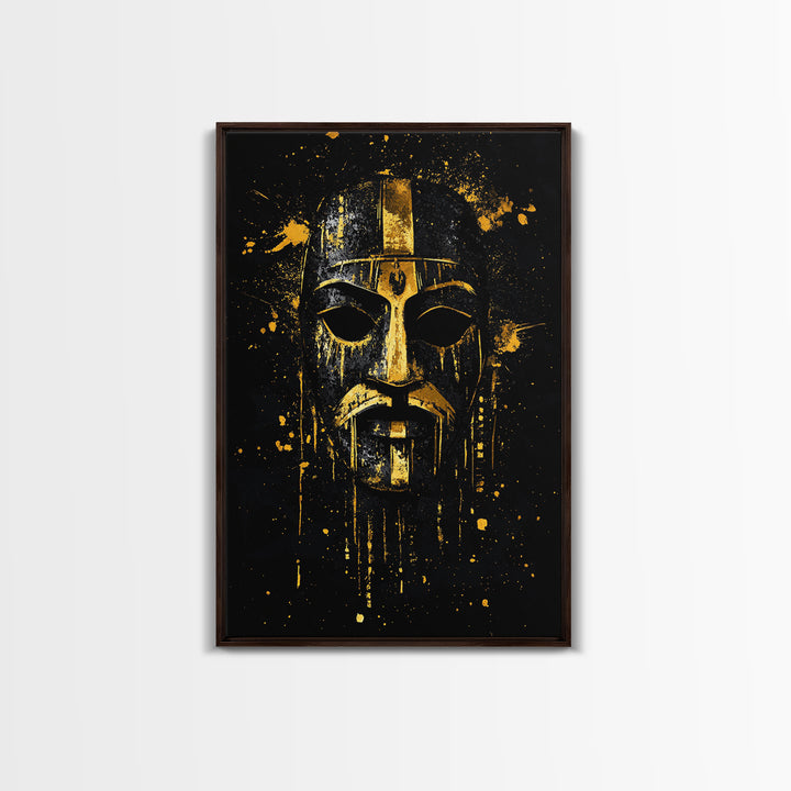 Medieval Mask Gold Canvas Print, Warrior Face Wall Art, Historic Armor Artwork, Real Wood Frame, Bold Statement Home Decor