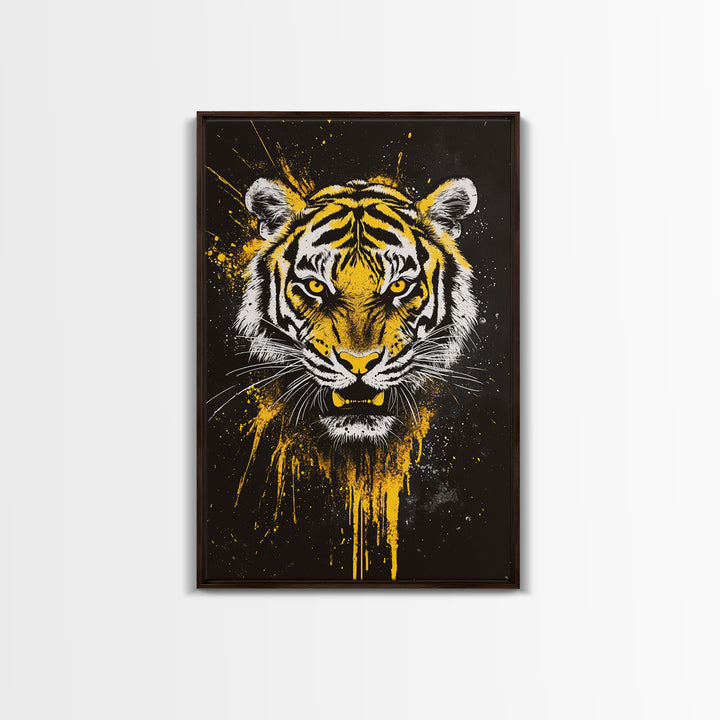 Tiger Face Gold Canvas Print, Wildlife Wall Art, Jungle Animal Artwork, Real Wood Frame, Fierce Predator Home Accent
