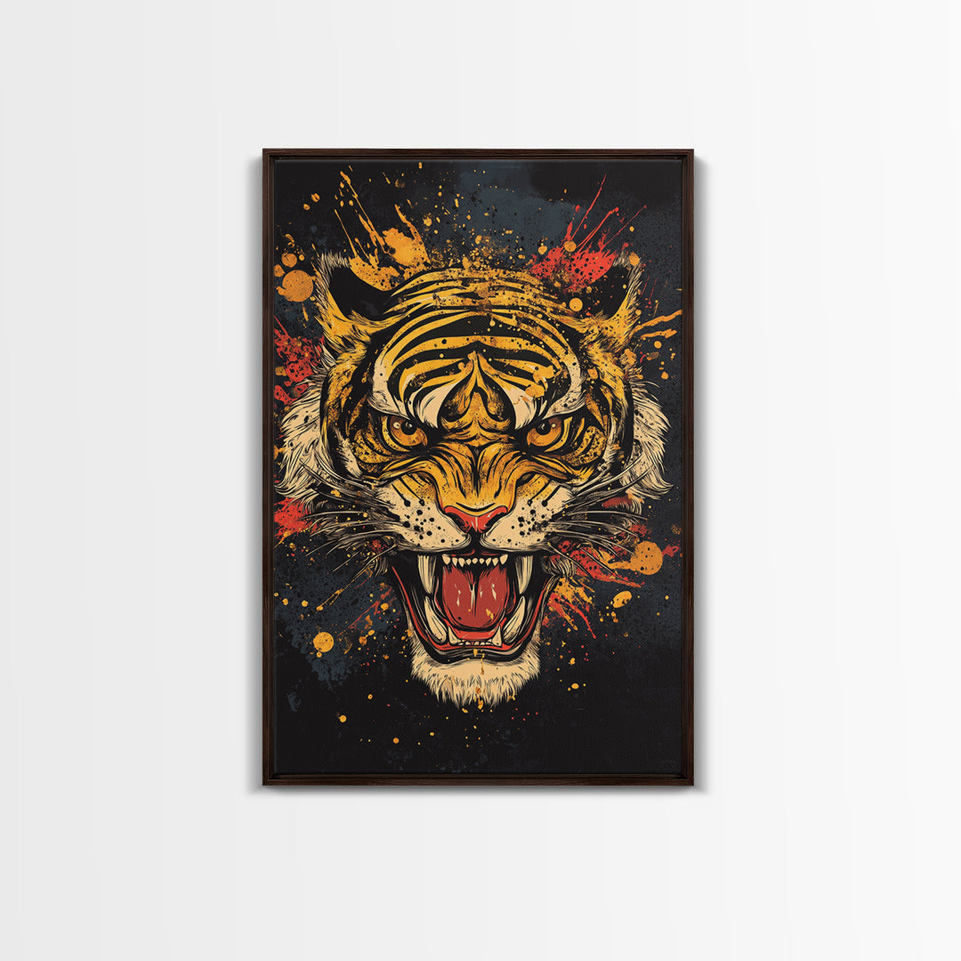 Roaring Tiger Gold Canvas Print, Wildlife Wall Art, Bold Jungle Cat Artwork, Real Wood Frame, Intense Animal Decor For Home