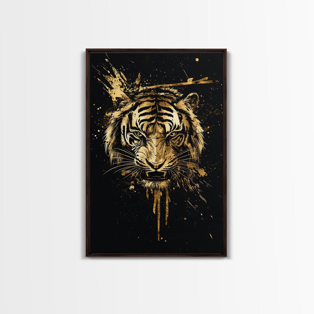 Tiger Head Gold Canvas Print, Fierce Jungle Cat Wall Art, Animal Spirit Artwork, Real Wood Frame, Powerful Wildlife Home Decor