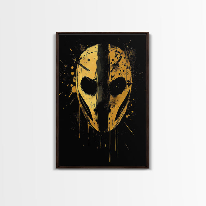 Abstract Mask Gold Canvas Print, Tribal Wall Art, Mysterious Face Artwork, Real Wood Frame, Bold Splatter Paint Effect Decor