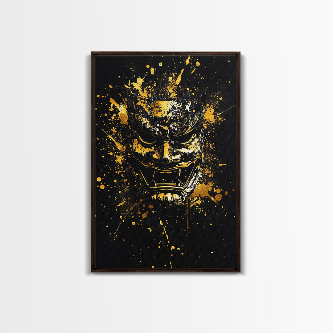 Samurai Mask Gold Canvas Print, Japanese Warrior Art, Splatter Style Wall Decor, Fierce Samurai Artwork, Real Wood Framed