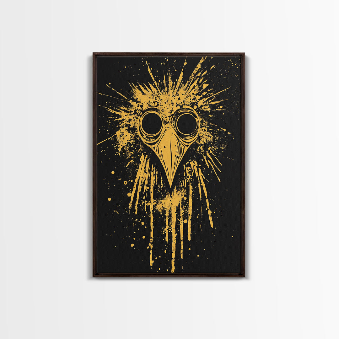 Plague Doctor Mask Gold Canvas Print, Gothic Splatter Art, Dark Fantasy Wall Decor, Unique Gothic Artwork, Real Wood Framed